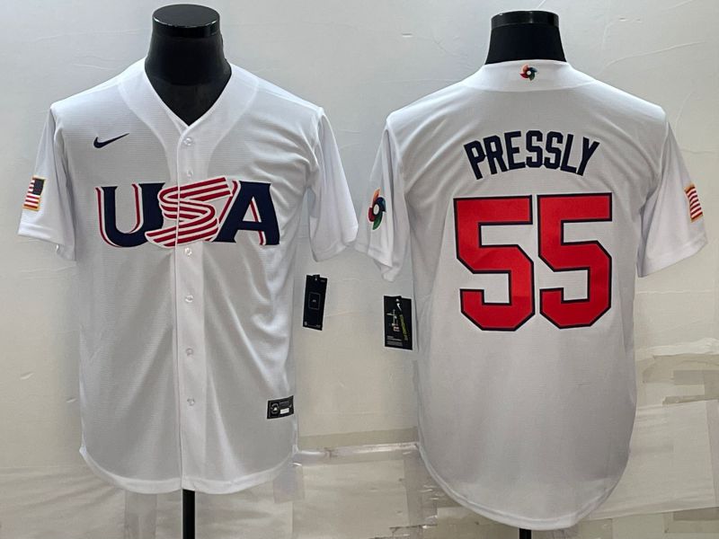 Men 2023 World Cub USA #55 Pressly White Nike MLB Jersey7->more jerseys->MLB Jersey